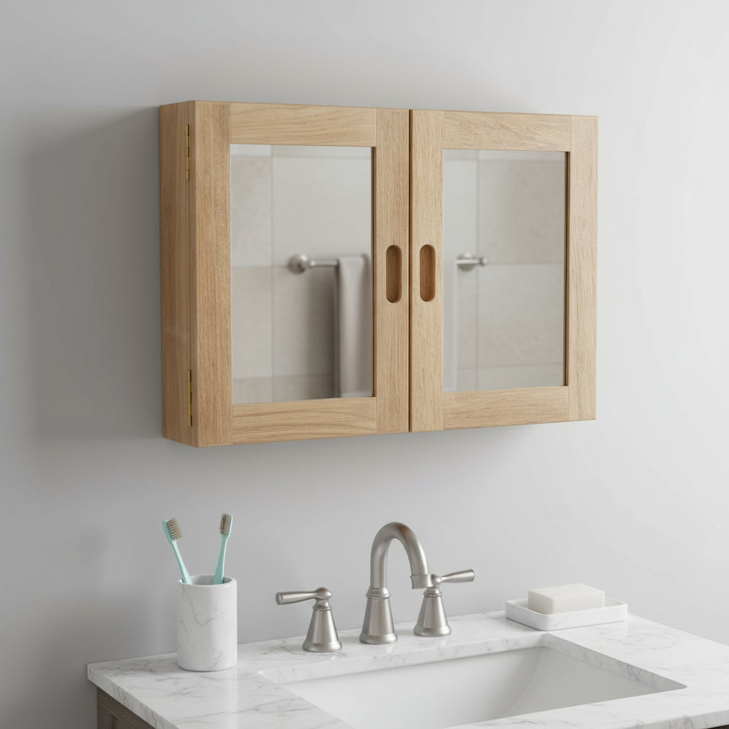 Traditional Solid Teak Double Door Mirrored Medicine Cabinet - Bed & Bath