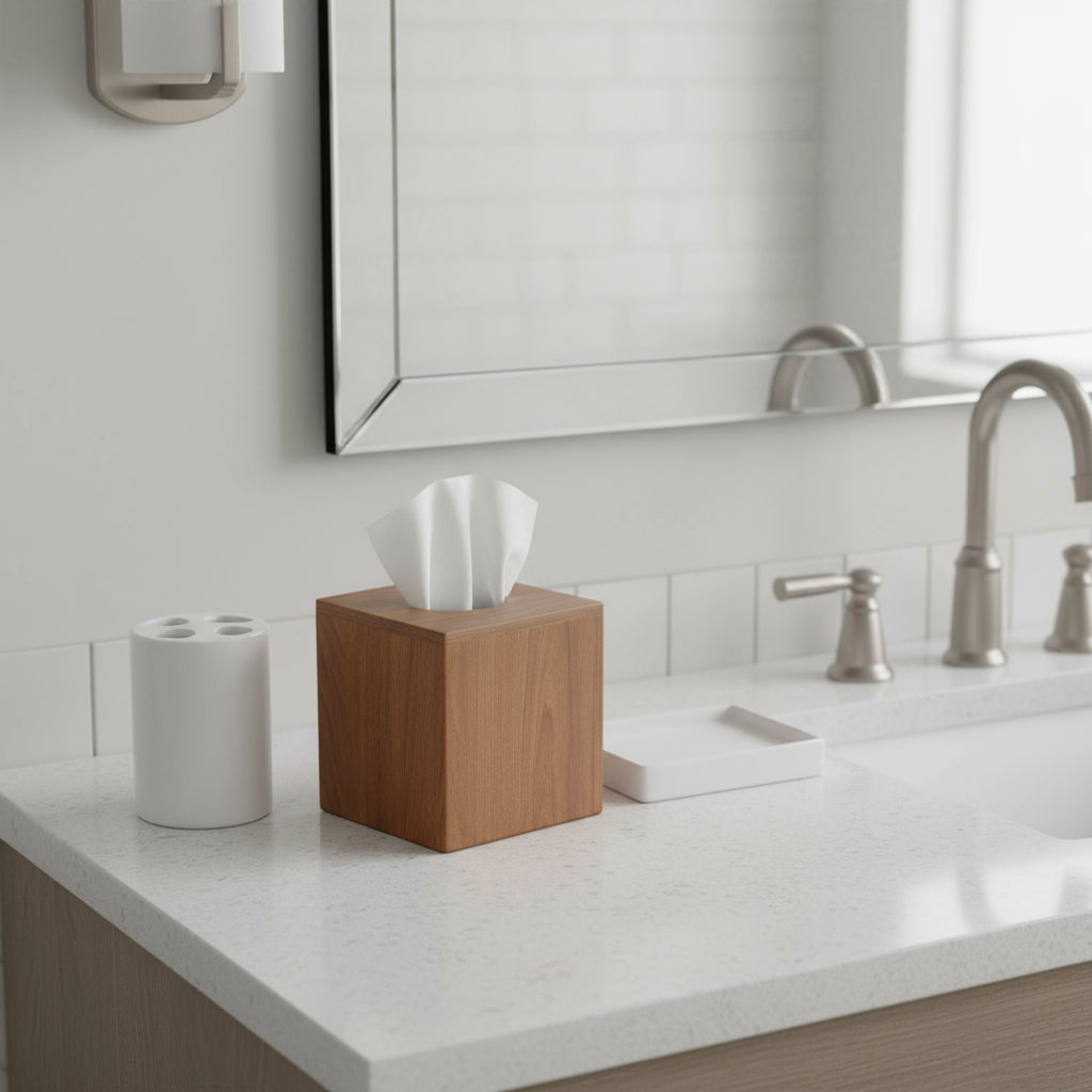 Teak tissue box cover on bathroom sink counter with round top tissue opening