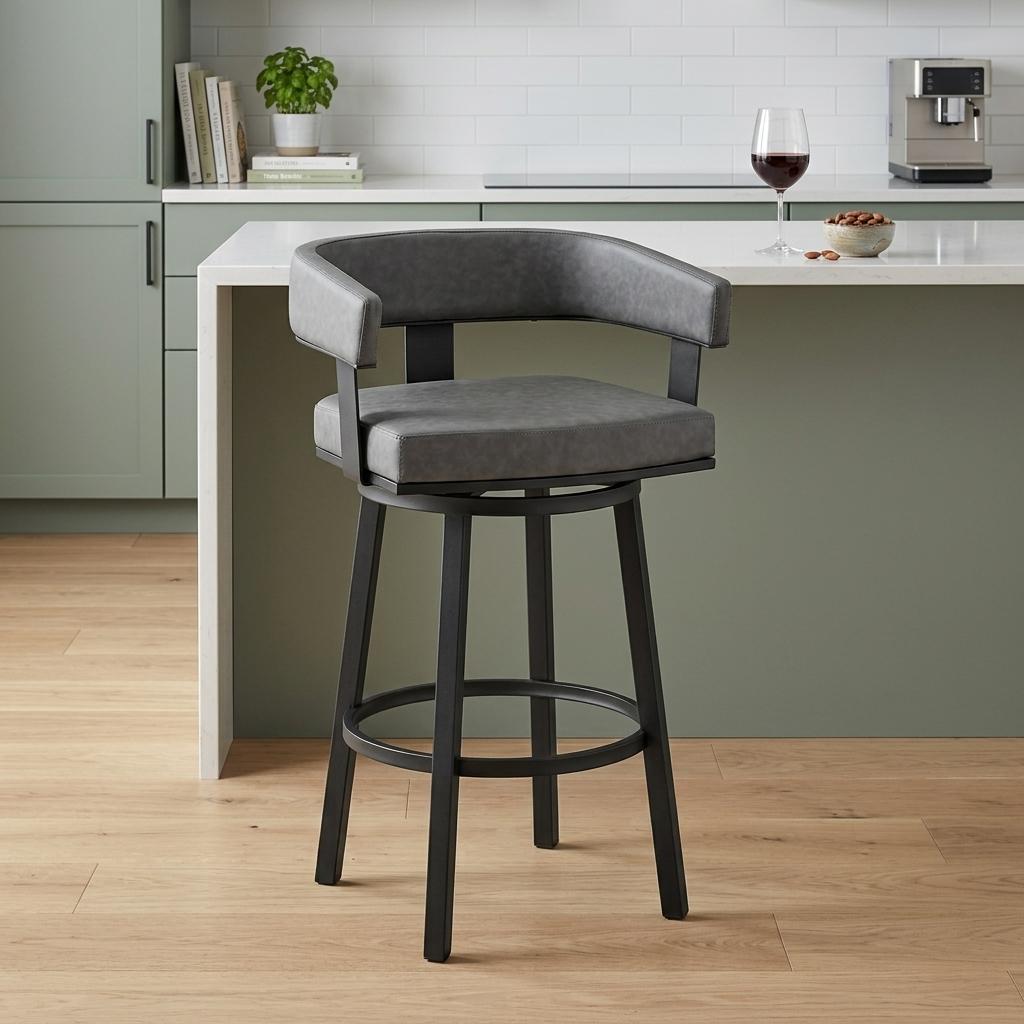 26" Gray And Black Faux Leather And Fabric And Iron Low Back Counter Height Swivel Bar Chair - Living Room