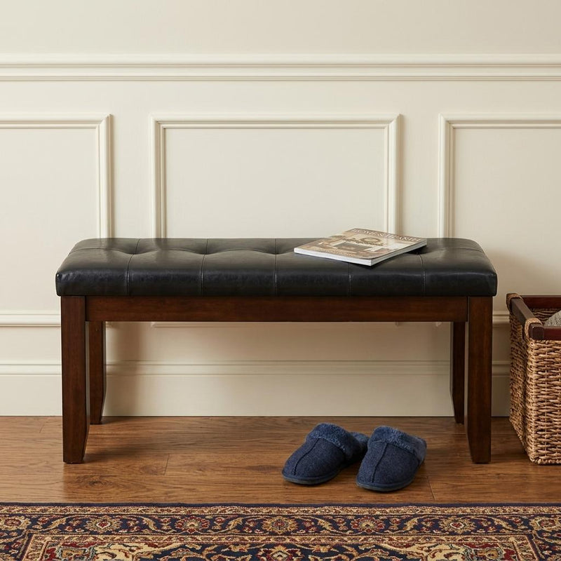 48" Black and Espresso Faux Leather and Wood Upholstered Bench - Living Room