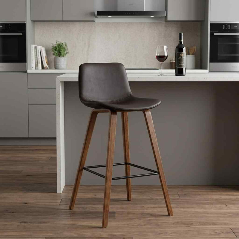 26" Brown Faux Leather And Fabric And Solid Wood Low Back Counter Height Bar Chair - Living Room
