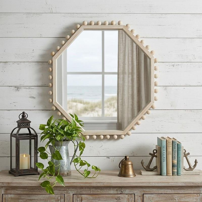 33" Natural Wood Octagon Beaded Framed Accent Mirror - Bed & Bath