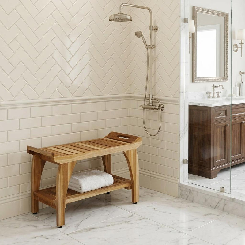 Teak shower bench with slatted two-tier design and side handles for easy carry