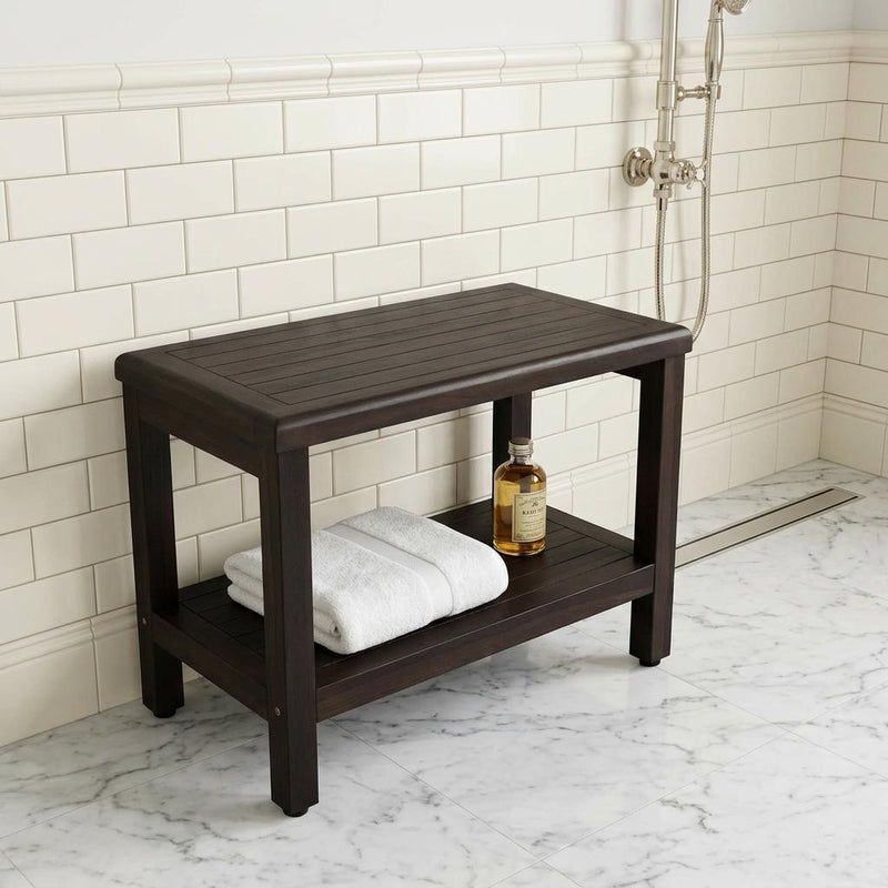 Rectangular Teak Shower Bench With Shelf In Brown Finish - Bed & Bath