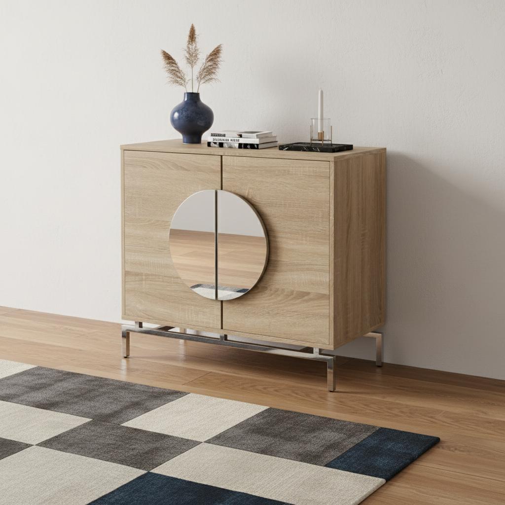 32" Natural and Chrome Mirrored Circle Double Door Bar Cabinet - Kitchen & Dining