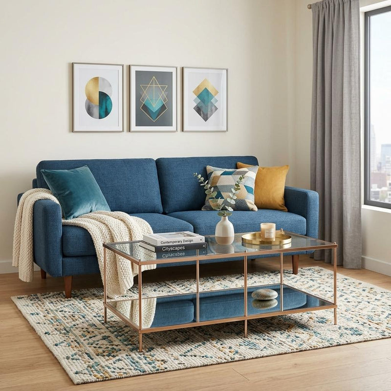 Gold and clear glass coffee table with two tiers, on metal legs