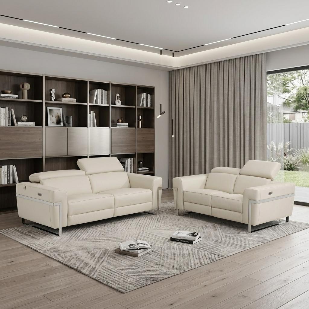 Two Piece Indoor Beige Italian Leather Five Person Seating Set - Living Room