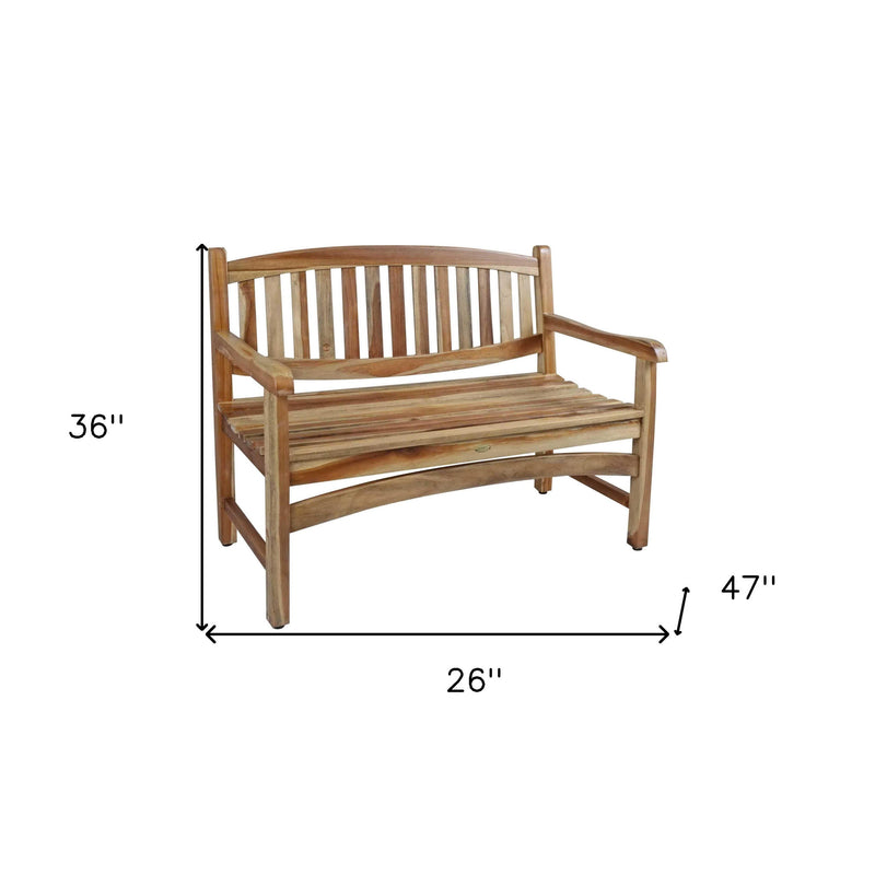 Teak garden bench with curved back slats and horizontal seat slats