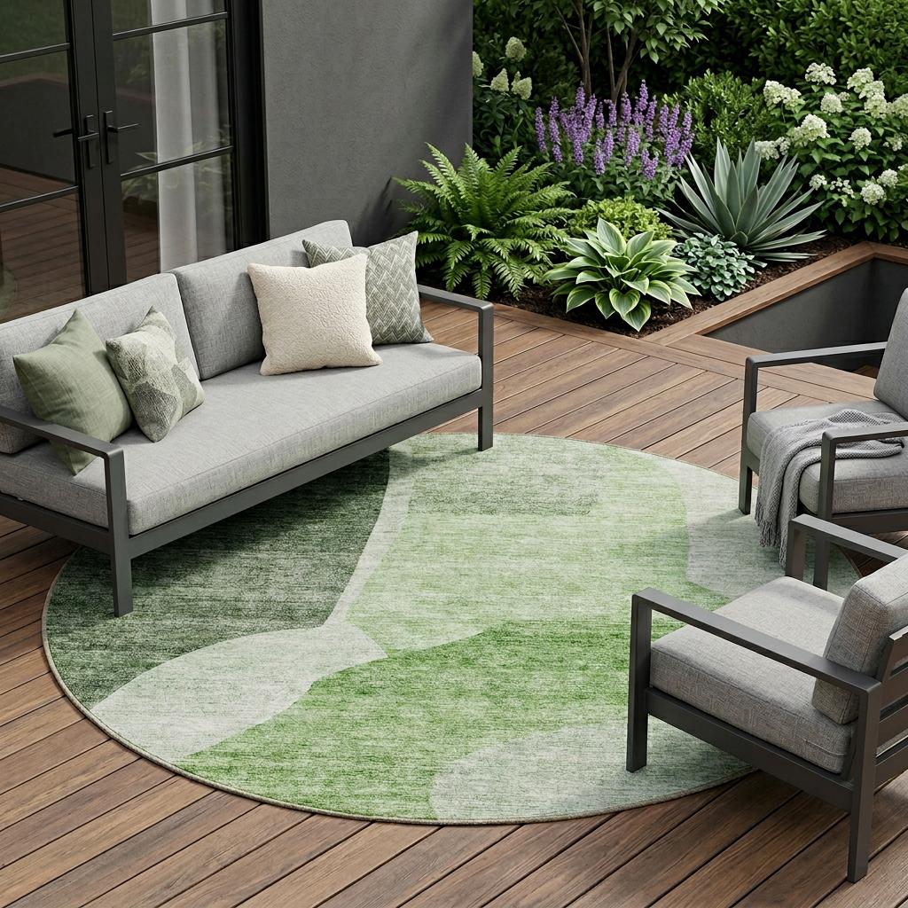 8' Olive Green And Fern Green Round Abstract Washable Indoor Outdoor Area Rug - Outdoor