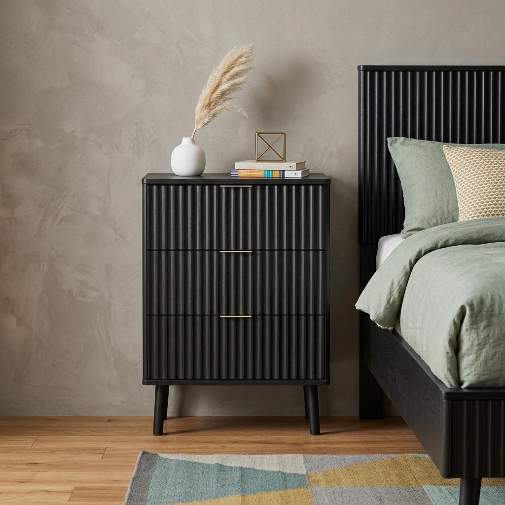 Black ribbed wood two-drawer nightstand with gold bar pulls and four tapered legs