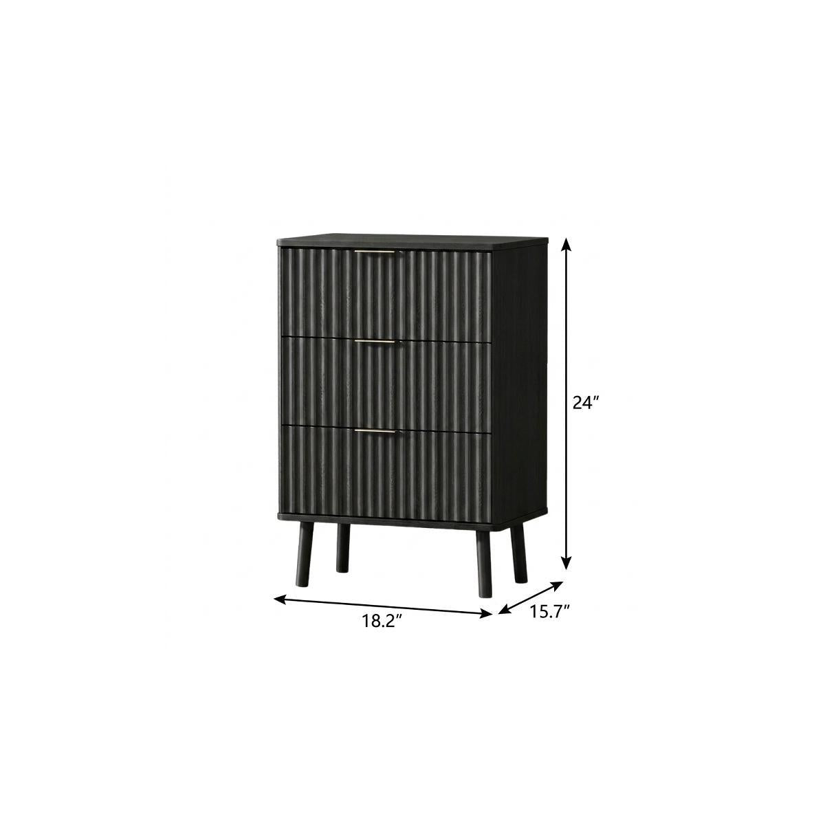 Black ribbed wood nightstand, two drawers; 24 in H, 18.2 in W, 15.7 in D
