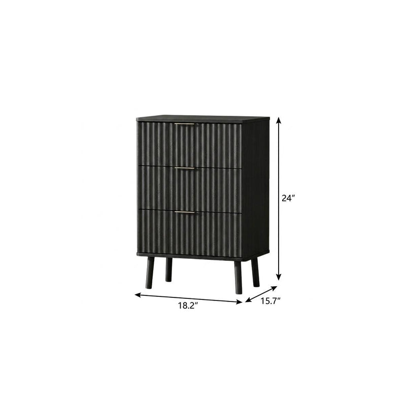 Black ribbed wood nightstand, two drawers; 24 in H, 18.2 in W, 15.7 in D