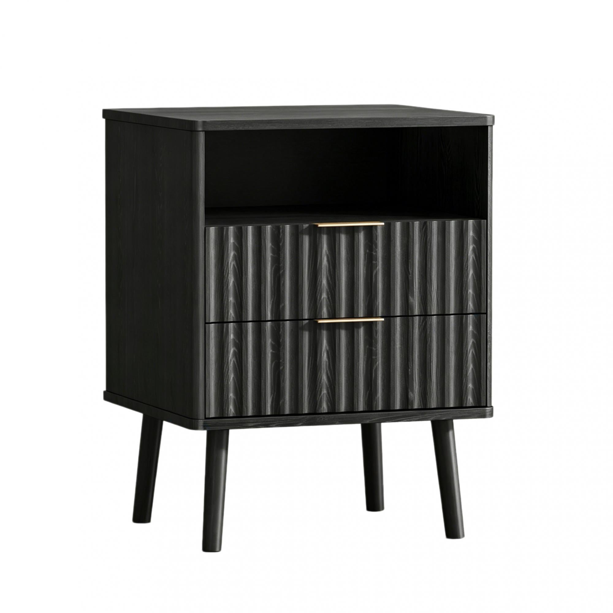 Black ribbed nightstand with two drawers, curved top, and tapered legs