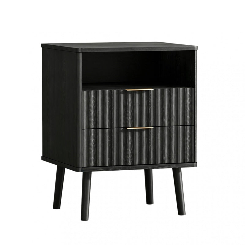 Black ribbed nightstand with two drawers, curved top, and tapered legs