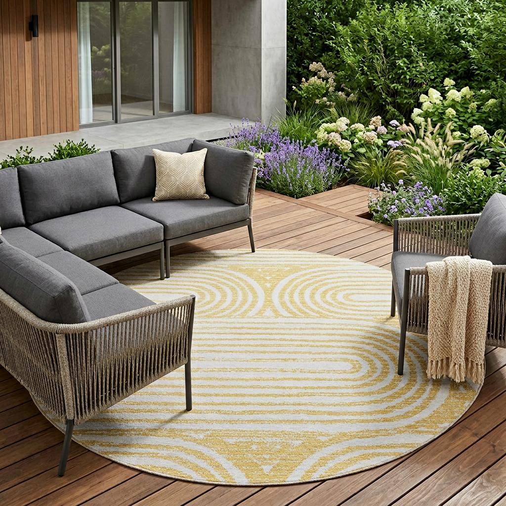 8' Round Gold and White Round Abstract Washable Non Skid Indoor Outdoor Area Rug - Outdoor