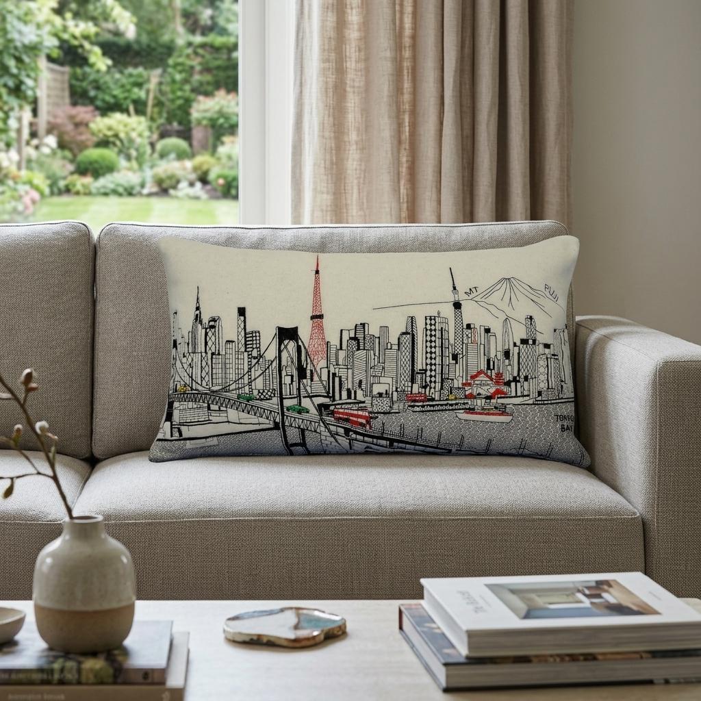 14" X 24" Cream Tokyo Daylight Skyline Lumbar Decorative Pillow - Home & Garden