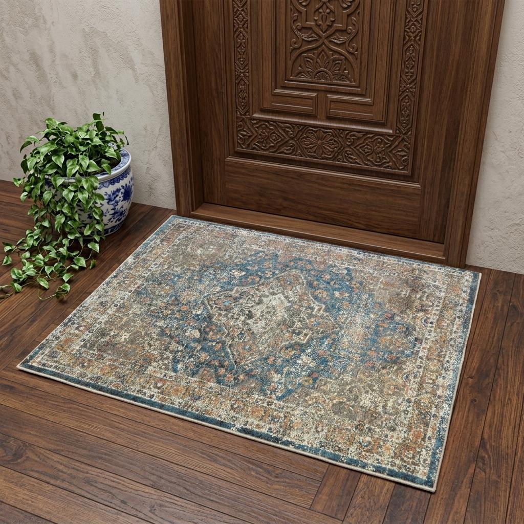 2' X 3' Blue and Brown Oriental Distressed Area Rug With Fringe - Home & Garden