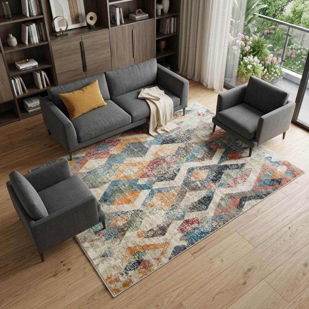 8' X 10' Beige Blue and Gray Geometric Distressed Area Rug With Fringe - Home & Garden