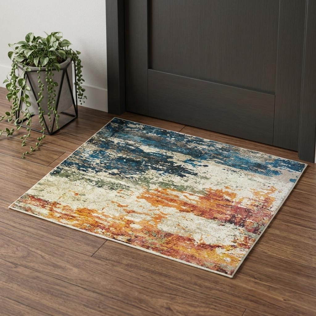 2' X 3' Beige Blue and Ivory Abstract Distressed Area Rug With Fringe - Home & Garden