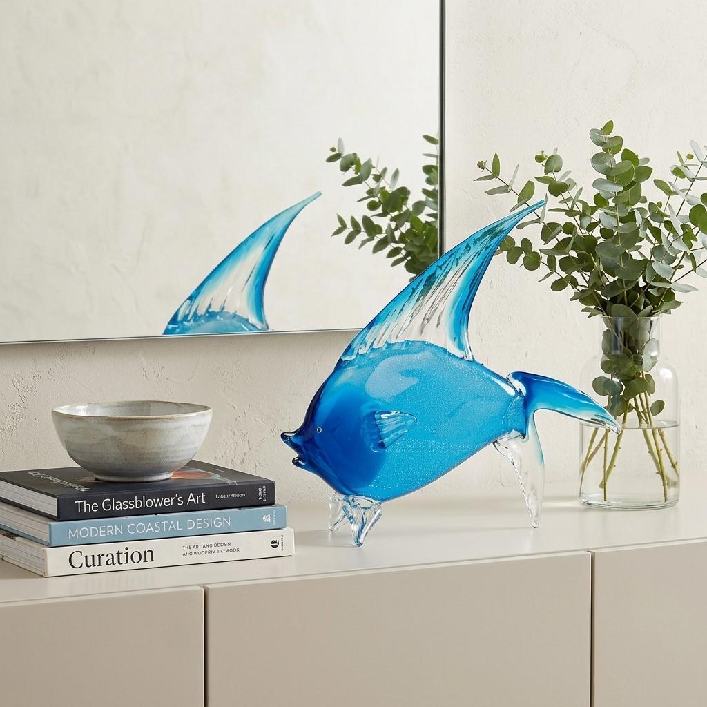 16" Blue Murano Glass Fish Figurine Tabletop Sculpture - Home & Garden
