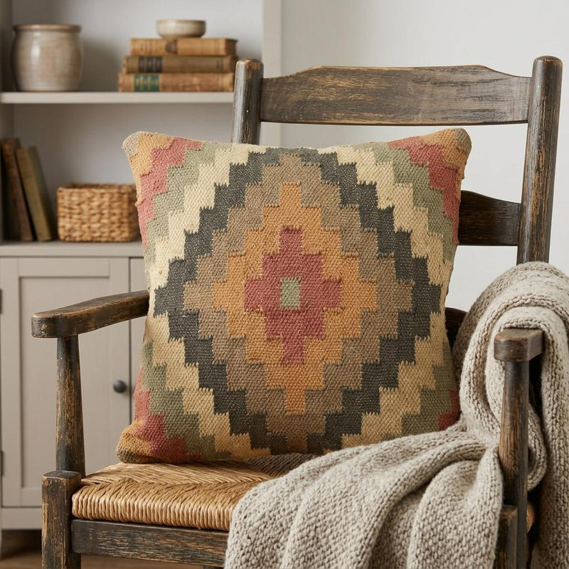 18" Brown and Green Geometric Jute Wool Blend Throw Pillow - Home Decor