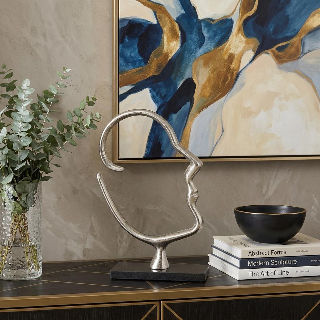 12" Black and Silver Marble and Aluminum Tabletop Sculpture - Home Decor