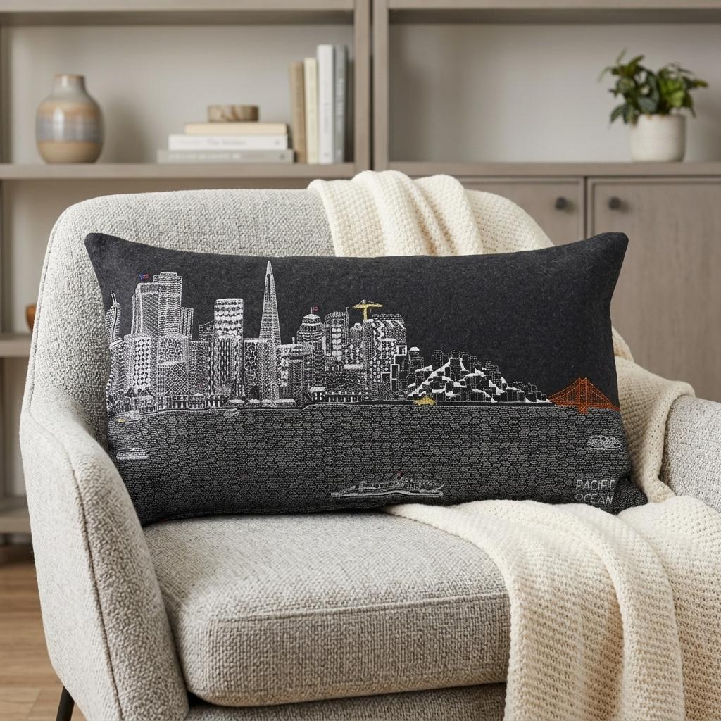 14" X 25" Dark Gray And White San Francisco Nighttime Skyline Lumbar Decorative Pillow - Home & Garden