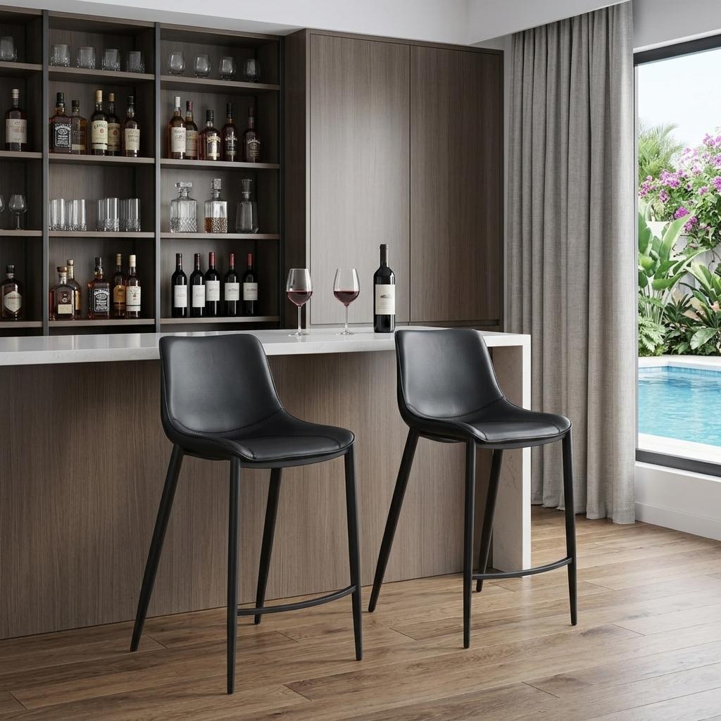 Set of Two 30" Black Faux Leather And Steel Low Back Bar Height Bar Chairs - Living Room