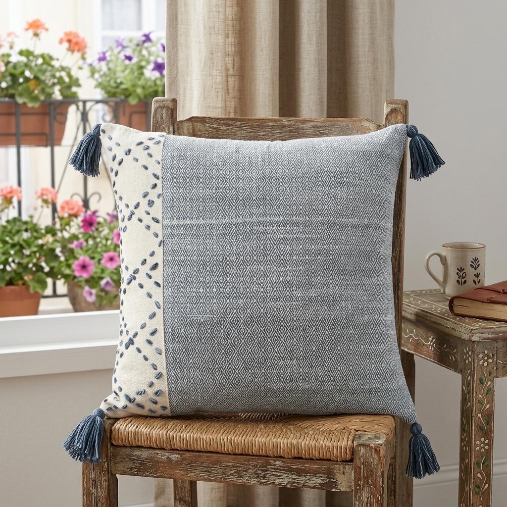 20" Blue and Ivory Herringbone Cotton Throw Pillow With Tassels - Home & Garden