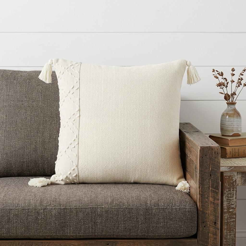 20" Ivory Herringbone Cotton Throw Pillow With Tassles - Home & Garden