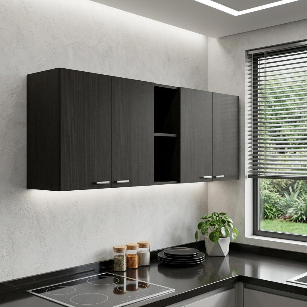59" Black Wood Wall mounted Accent Cabinet With Five Shelves - Kitchen & Dining