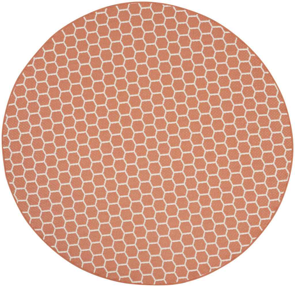 8' Coral And Ivory Geometric Indoor Outdoor Area Rug