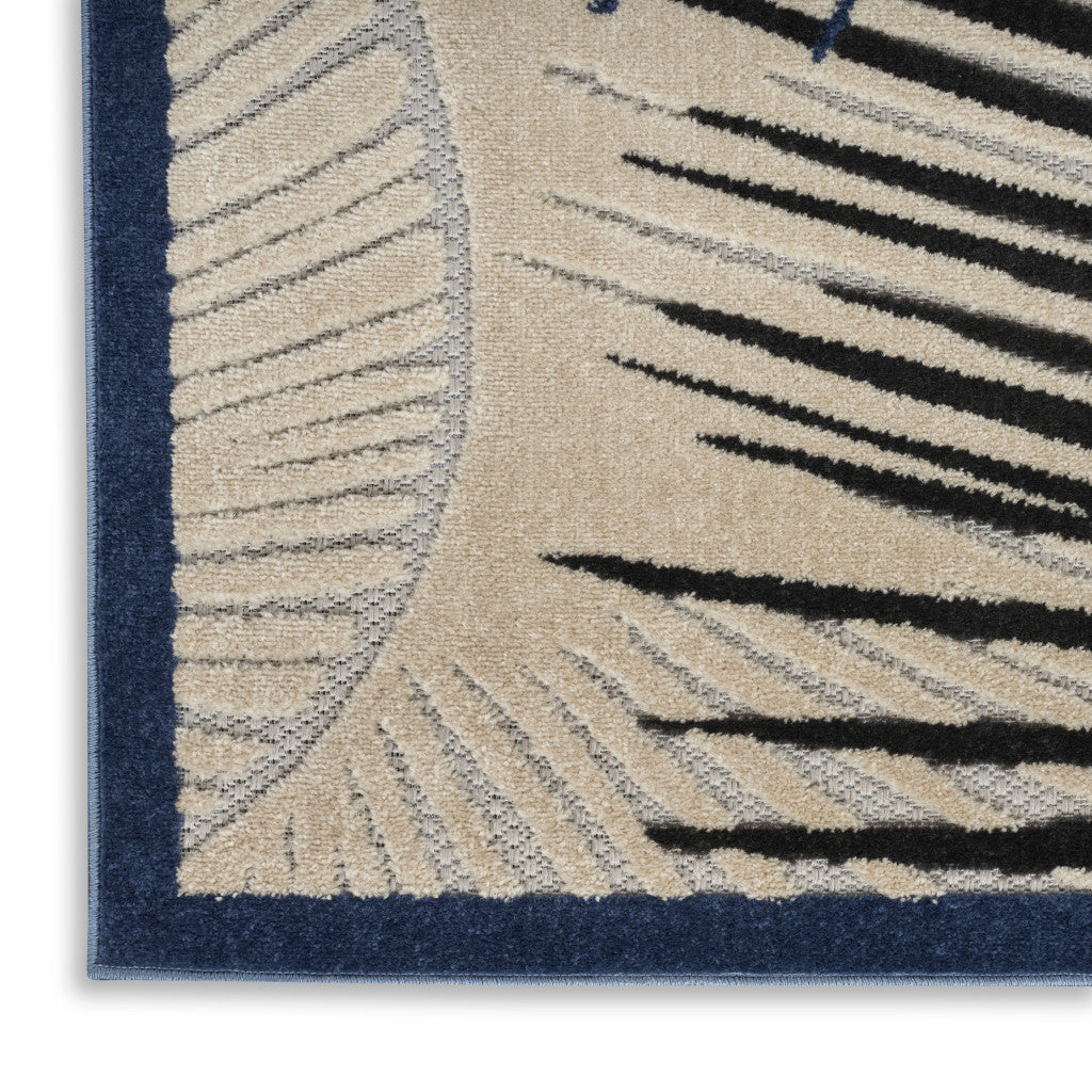 5' X 7' Navy Blue Ivory And Black Palm Leaf Indoor Outdoor Area Rug - Outdoor