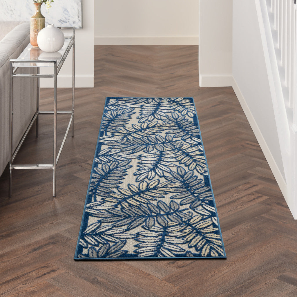 6' Ivory And Blue Indoor Outdoor Runner Rug - Outdoor