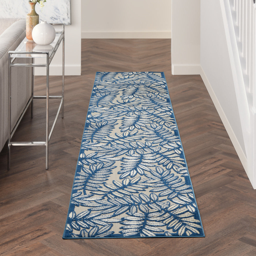 10' Ivory And Blue Indoor Outdoor Runner Rug - Outdoor