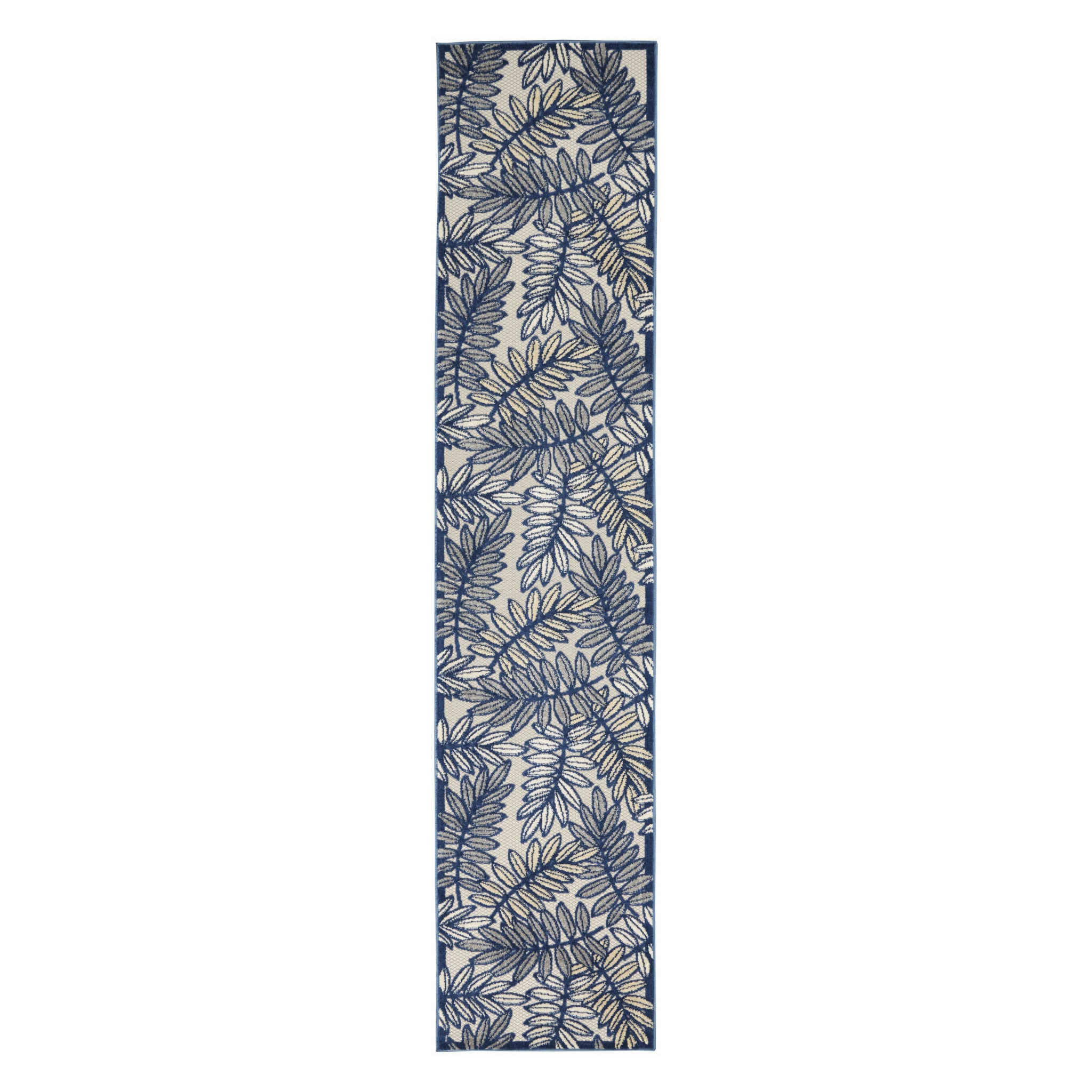 10' Ivory And Blue Indoor Outdoor Runner Rug - Outdoor