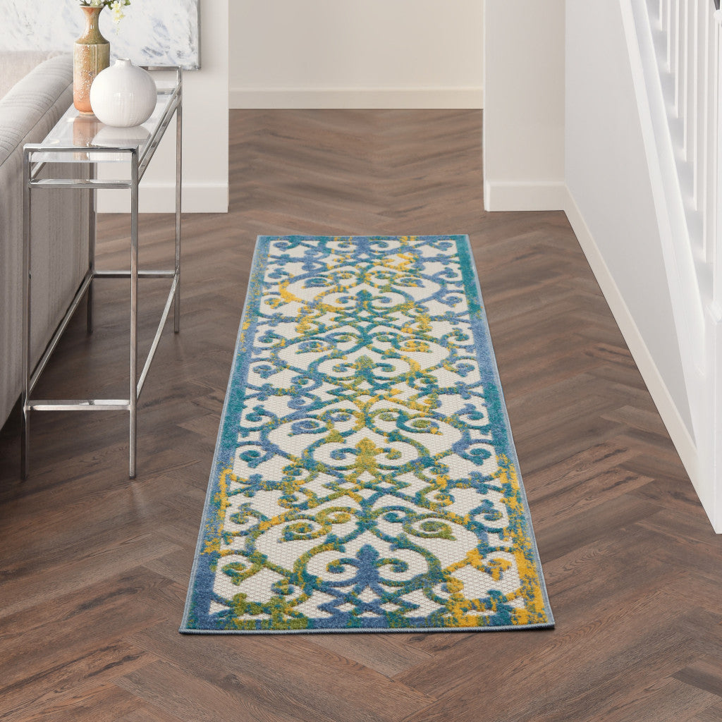8' Ivory And Blue Indoor Outdoor Area Rug - Outdoor