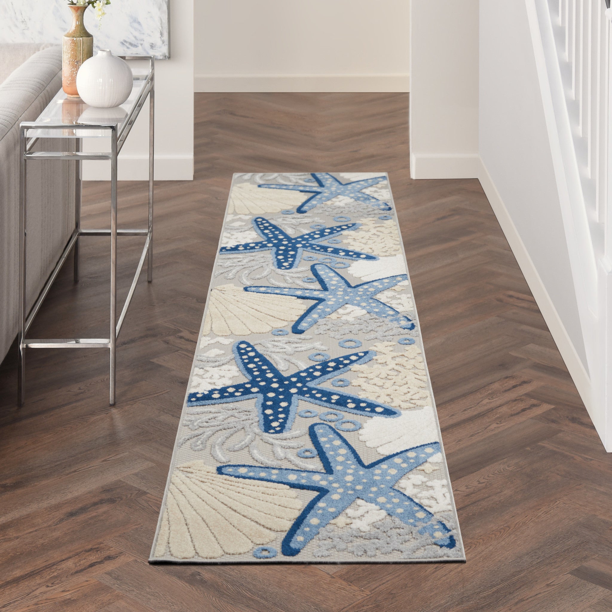 12' Blue And Gray Nautical Indoor Outdoor Runner Rug - Outdoor