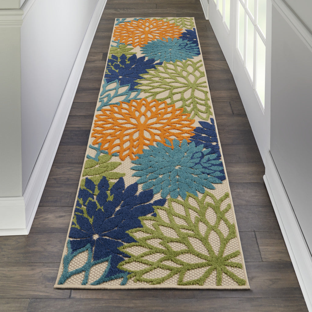 12' Ivory And Blue Floral Indoor Outdoor Runner Rug - Outdoor