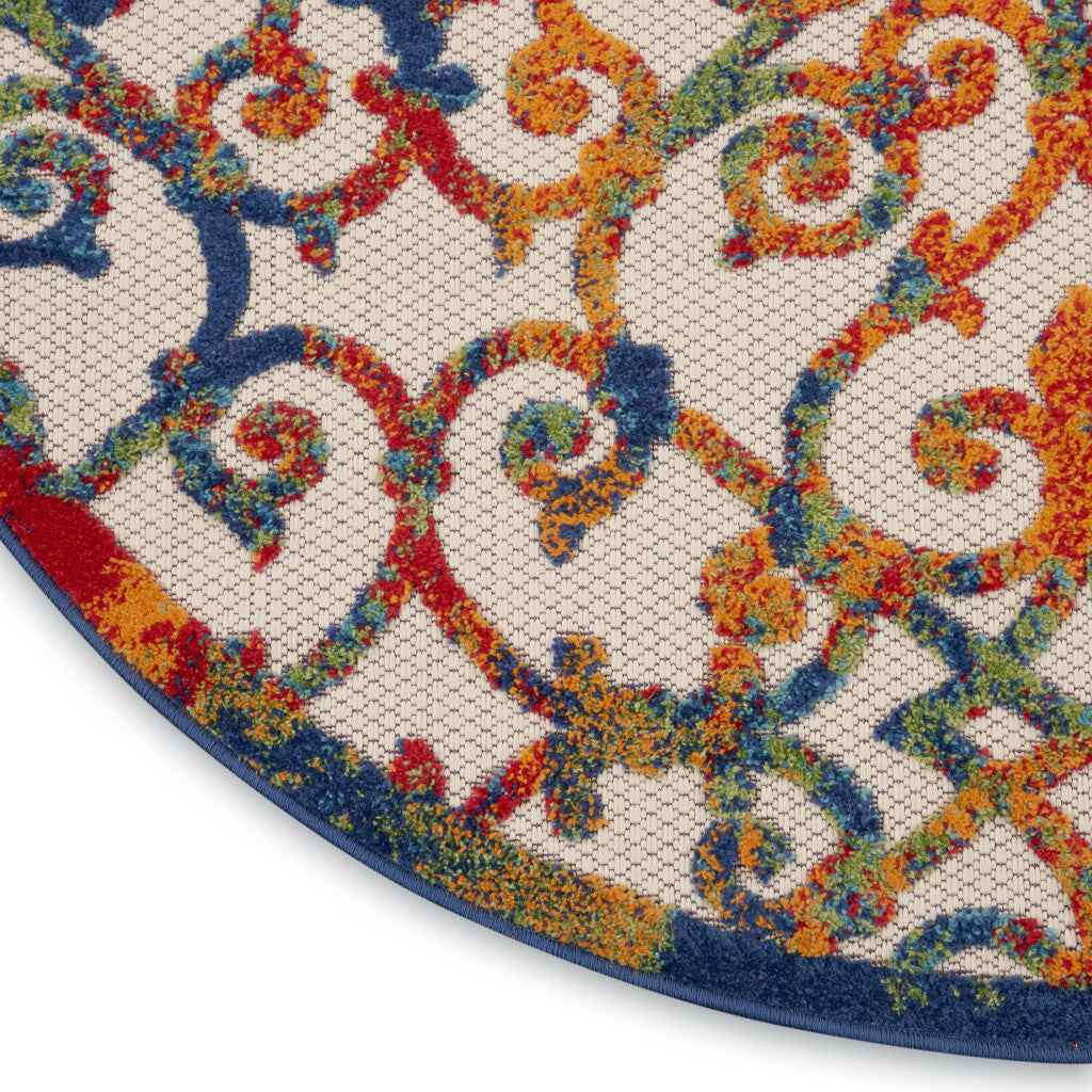 5' Ivory And Blue Round Indoor Outdoor Area Rug