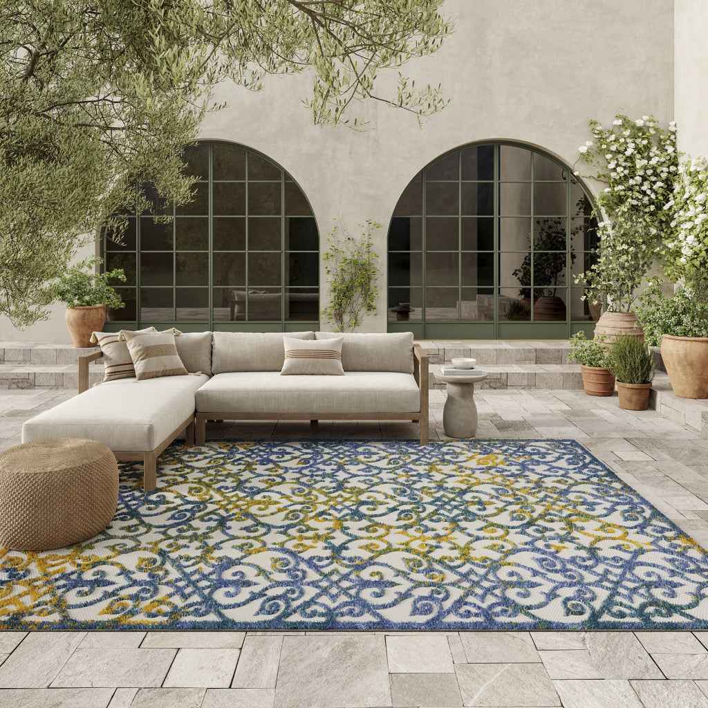 8' X 11' Ivory And Blue Indoor Outdoor Area Rug