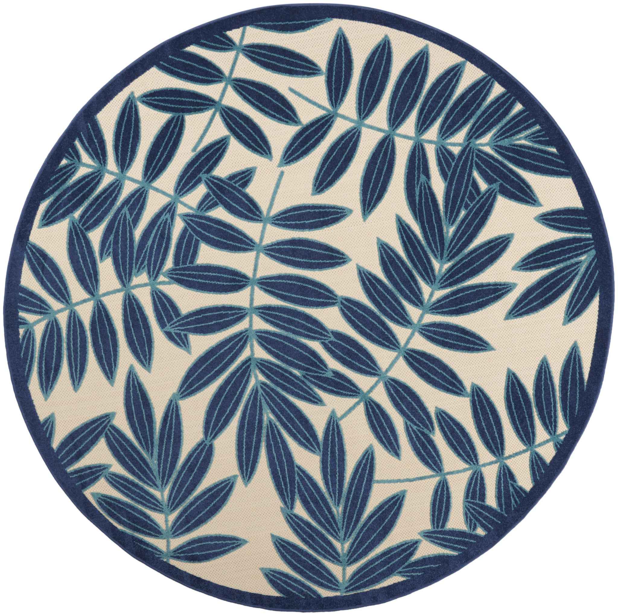 8' Blue And Ivory Round Floral Indoor Outdoor Area Rug