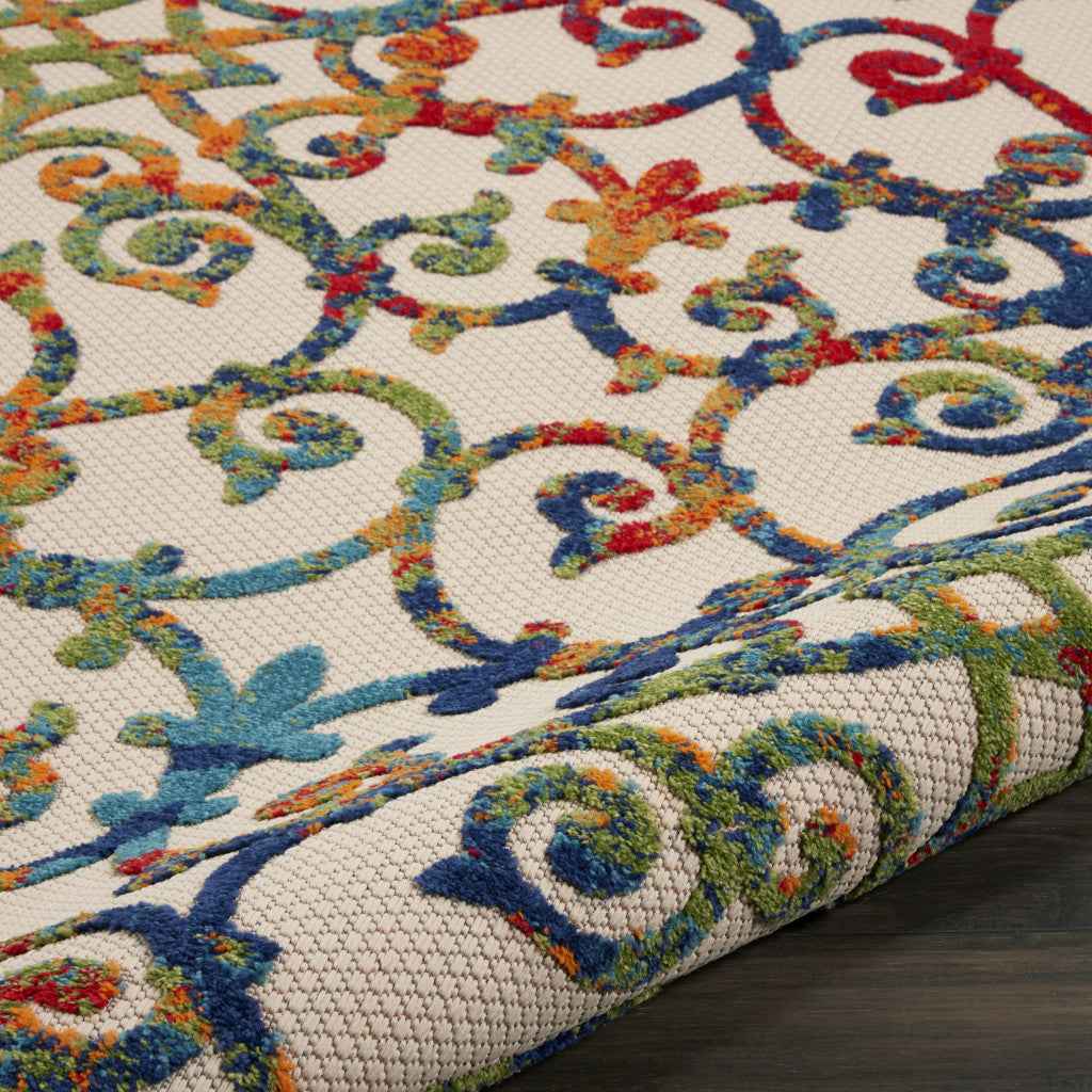 8' Ivory And Blue Round Indoor Outdoor Area Rug