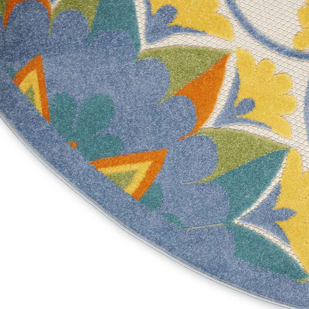 4' Ivory And Blue Round Floral Indoor Outdoor Area Rug