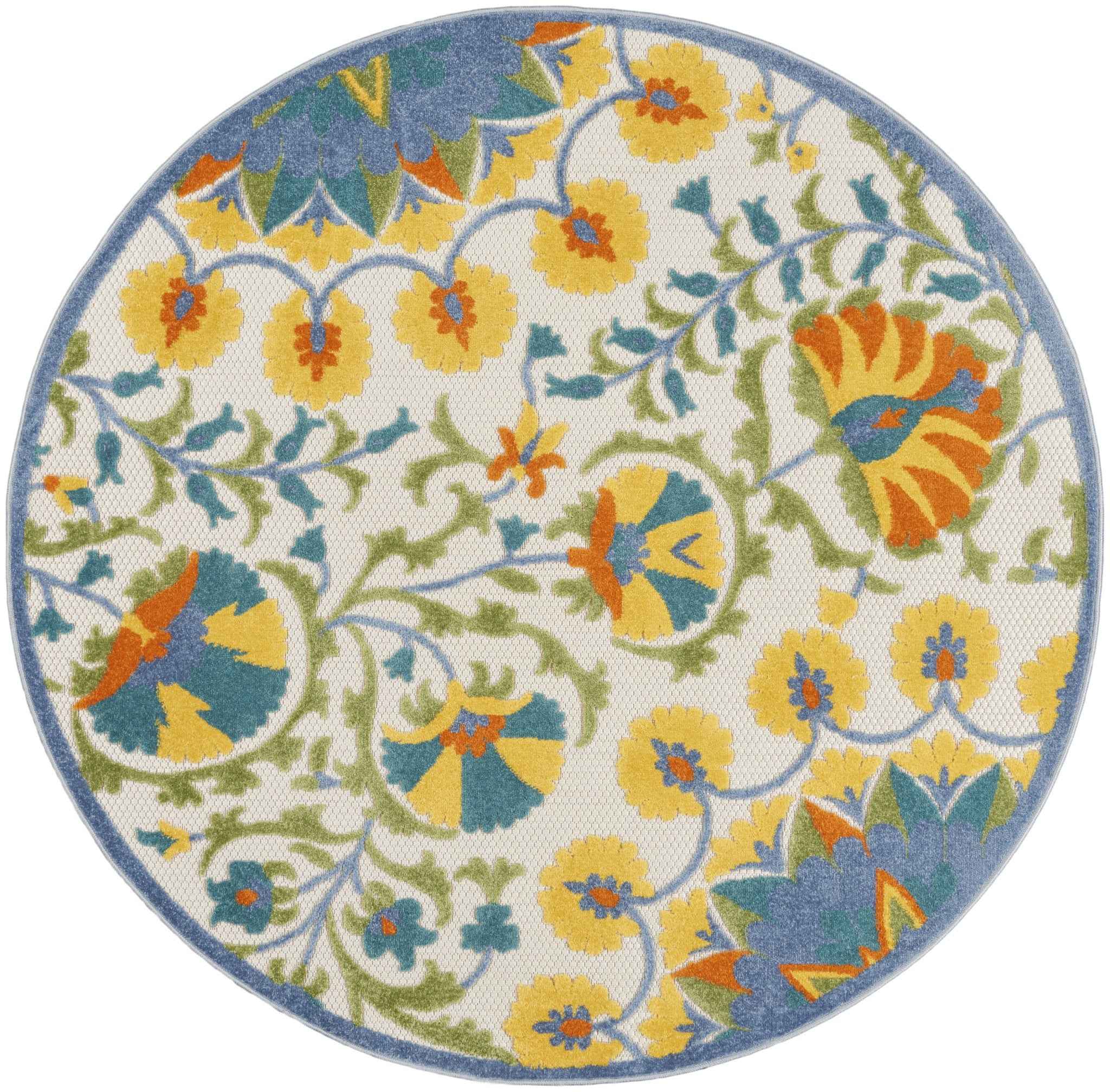 4' Ivory And Blue Round Floral Indoor Outdoor Area Rug
