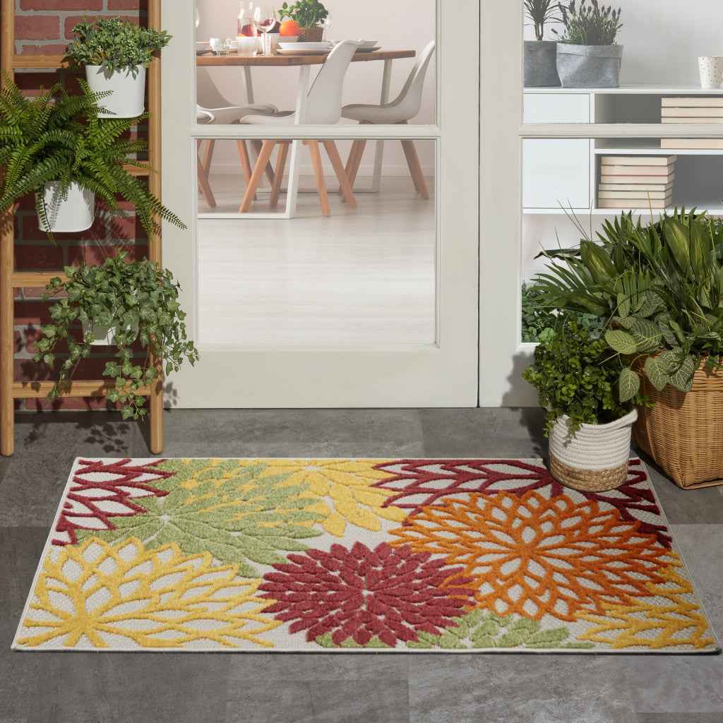 3' X 5' Green Orange and Red Indoor Outdoor Area Rug