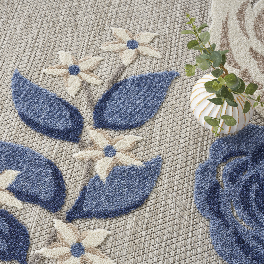 8' Blue and Gray Round Floral Indoor Outdoor Area Rug - Outdoor