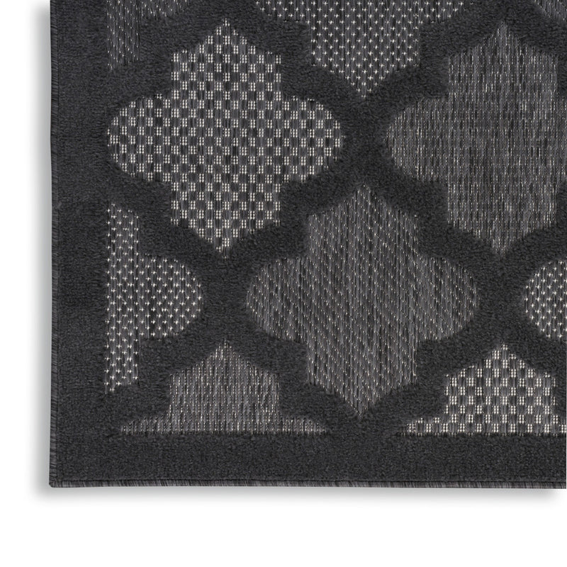 Charcoal and black trellis indoor outdoor runner rug, centered diamond motif pattern