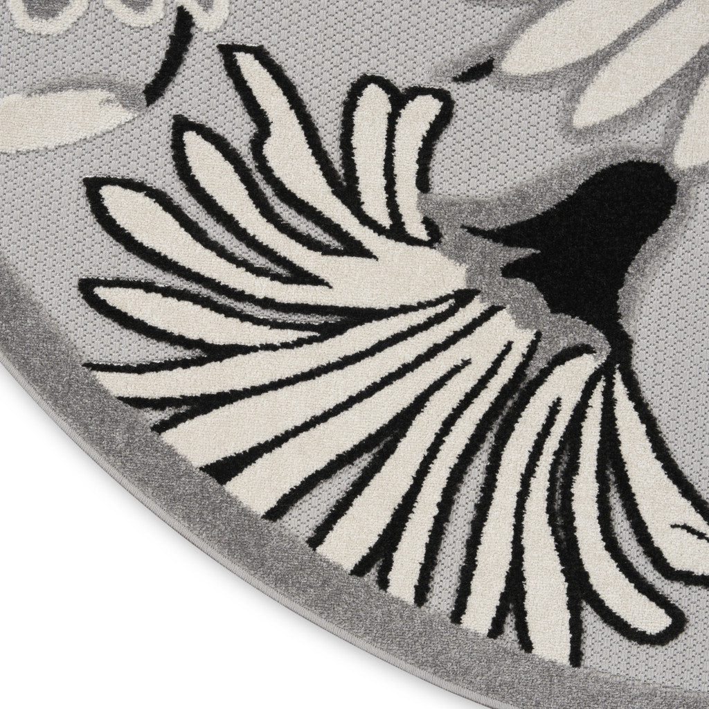 5' Black And White Round Floral Indoor Outdoor Area Rug - Sports & Outdoor