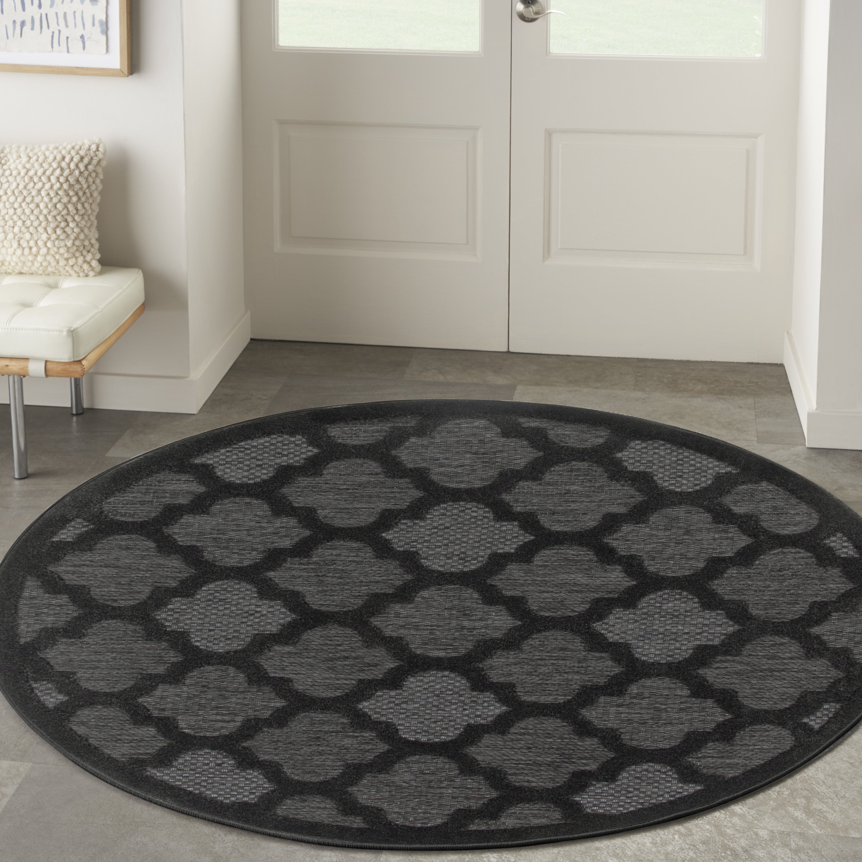 4' Charcoal And Black Round Trellis Indoor Outdoor Area Rug - Sports & Outdoor